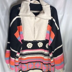 POL Mixed Media Crochet Floral Quarter Zip Sweater Boho Sherpa Small